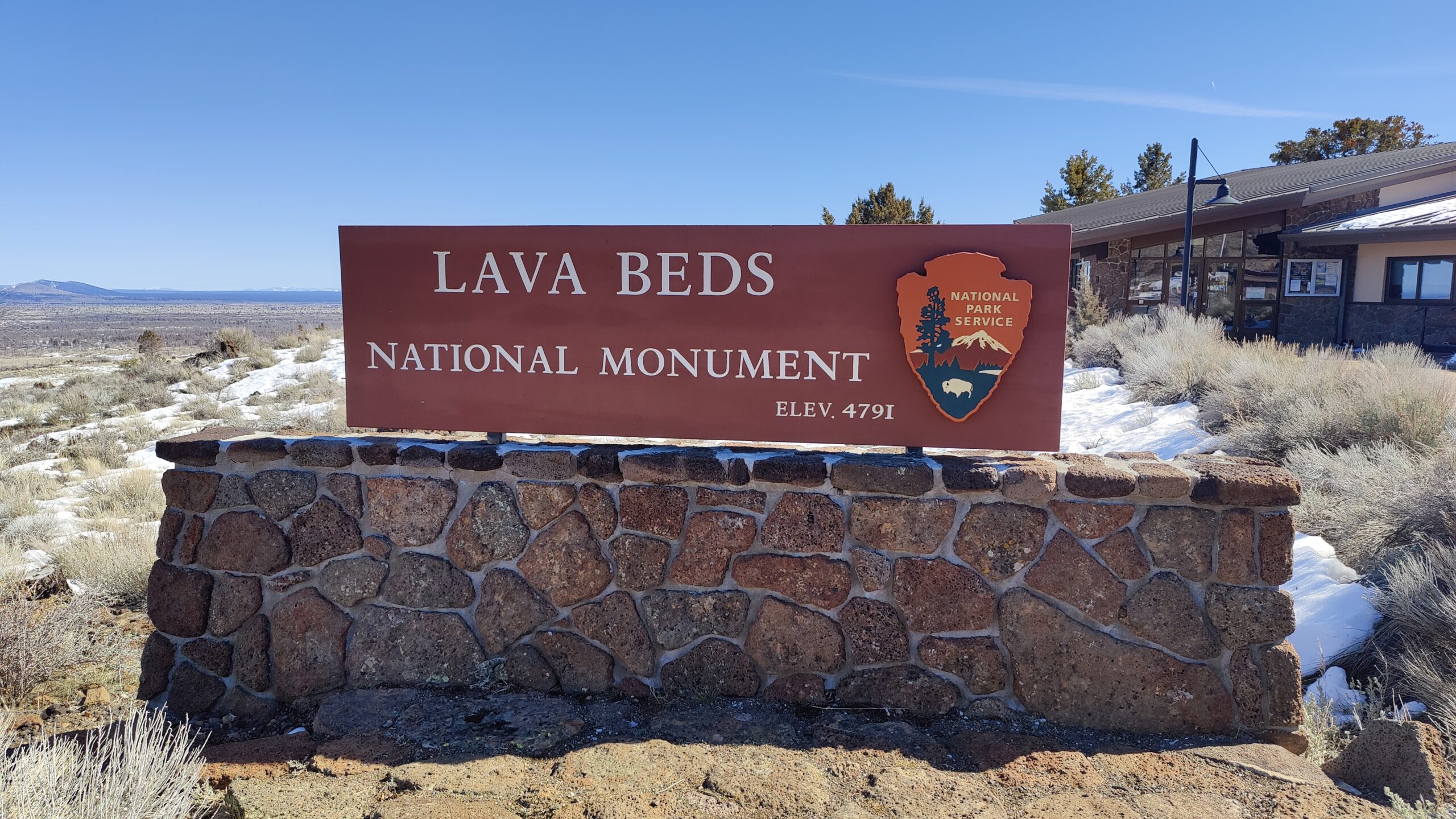 The Lava Beds National Monument visitor center on a cold, clear day.