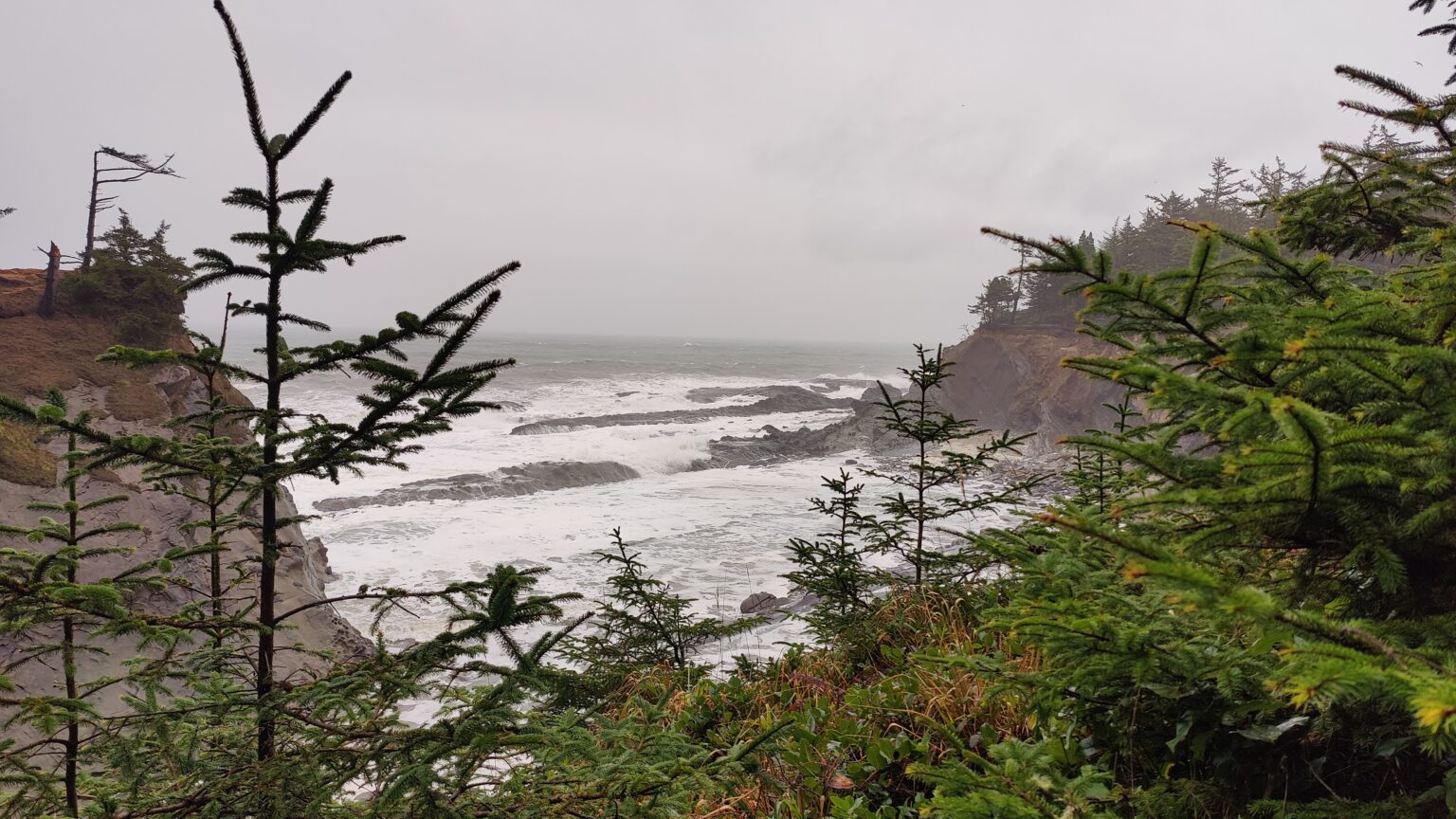 Golden-hour coastline seen from the road.